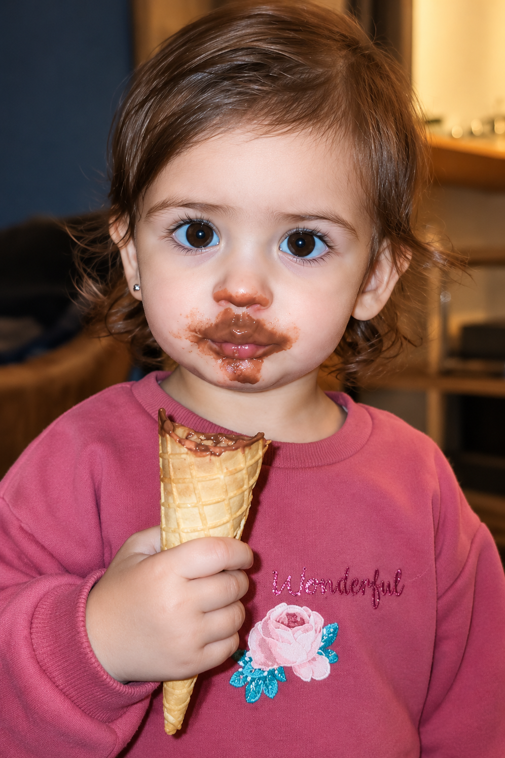 Kleines Mädchen mit einer Waffel voll Schokoladeneis in der KAVLAK Eismanufaktur