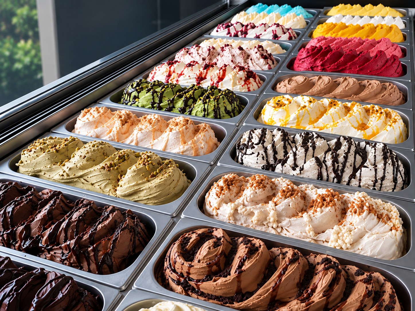 Die Eisvitrine der KAVLAK Eismanufaktur mit dutzenden handgemachten Gelato- und Sorbetsorten